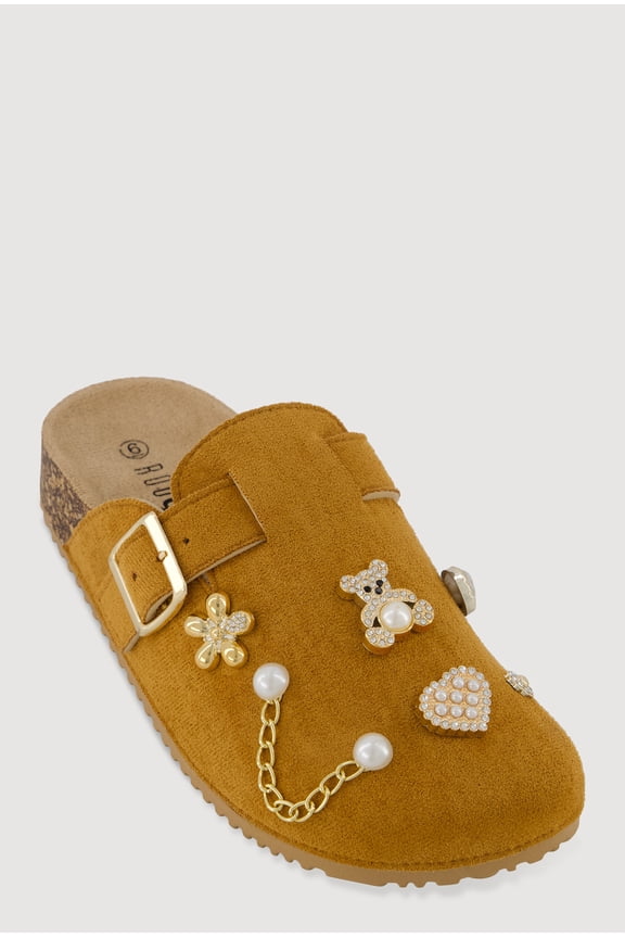 Women's Faux Suede Clogs with Rhinestone and Faux Pearl Charms