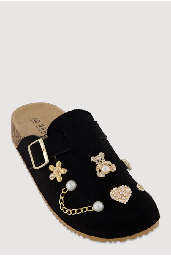Women's Faux Suede Clogs with Rhinestone and Faux Pearl Charms