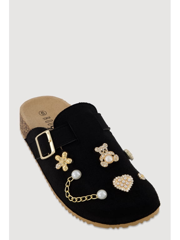 Women's Faux Suede Clogs with Rhinestone and Faux Pearl Charms