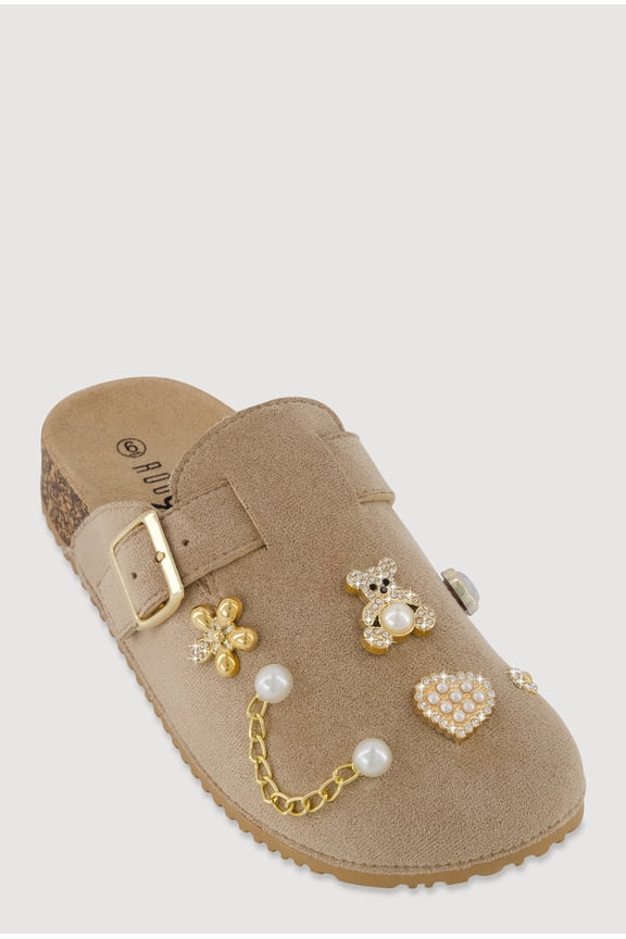 Women's Faux Suede Clogs with Rhinestone and Faux Pearl Charms