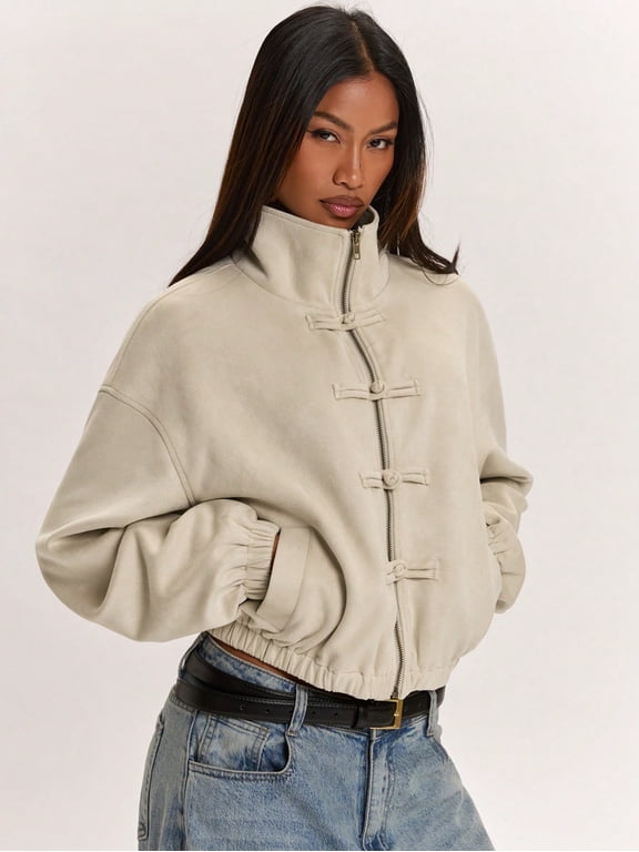 Women's Faux Suede Cropped Jacket Frog Toggle Button Stand Collar Zipper Drop Shoulder Vintage Casual,Beige Color New Chinese Style