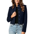 thumbnail image 1 of Women's Faux Suede Cropped Jacket Long Sleeve Stand Collar Button up Coat with Shoulder Pads & Lining Vintage Solid Casual Outerwear for Autumn Winter Navy, 1 of 7