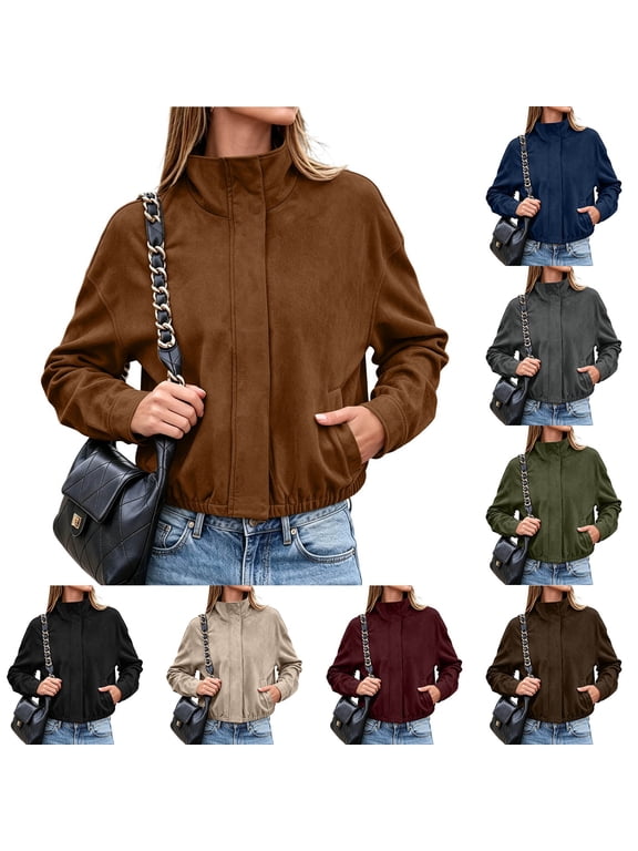 Women's Faux Suede Cropped Jacket Stand Collar Full Zip Long Sleeve Casual Bomber Coat with Pockets Fall Outerwear
