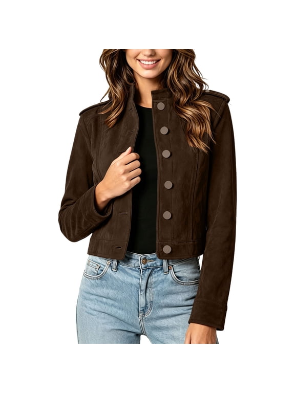 Women's Faux Suede Cropped Moto Jacket Stand Collar Button Down Long Sleeve Slim Short Biker Coat Fall Winter Vintage Casual Outerwear Coffee
