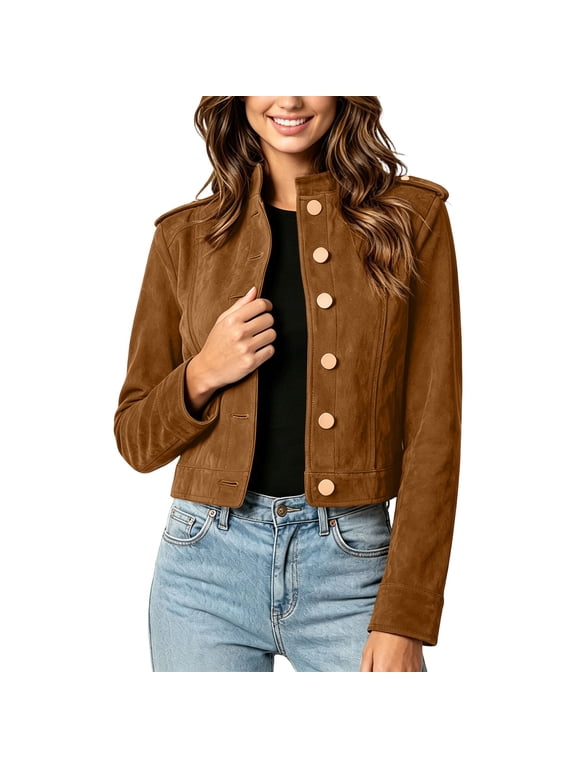 Women's Faux Suede Cropped Moto Jacket Stand Collar Button Down Long Sleeve Slim Short Biker Coat Fall Winter Vintage Casual Outerwear Khaki