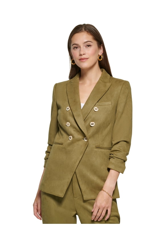 Women's Faux-Suede Double-Breasted Ruched-Sleeve Jacket Martini Olive 14
