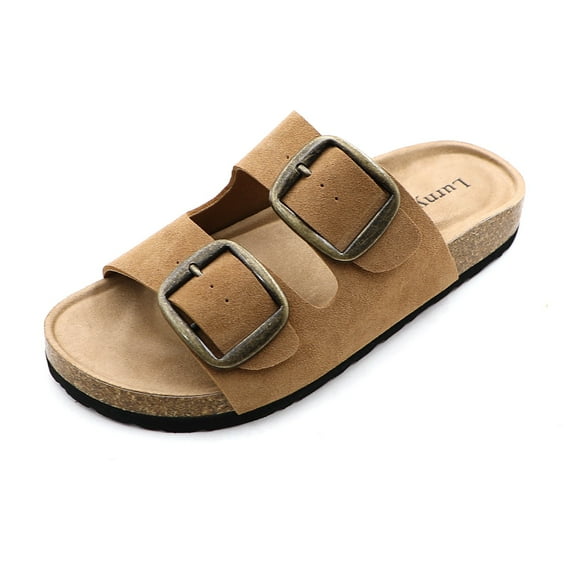 Women's Faux Suede Double Buckle Sandals, Cork Footbed