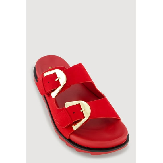 Women's Faux Suede Double Metallic Buckle Slide Sandals