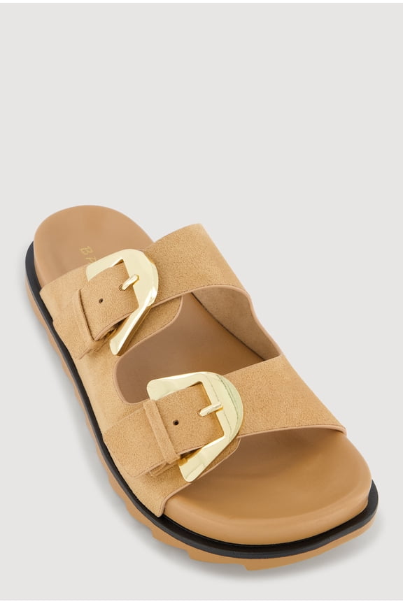 Women's Faux Suede Double Metallic Buckle Slide Sandals
