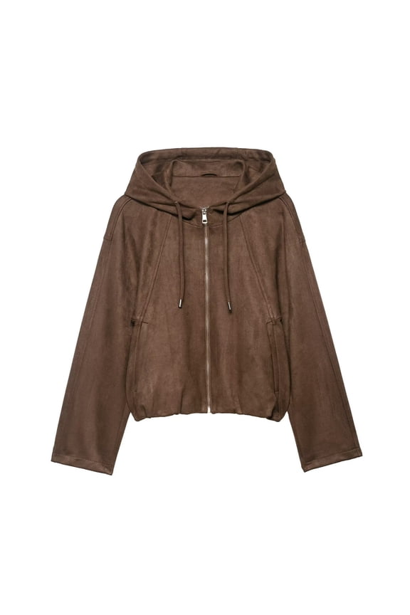 Women's Faux Suede Drawstring Hooded Flight Jacket, Casual Solid Color Zip-Up Outerwear with Pockets for Practical and Stylish Wear,Brown,L