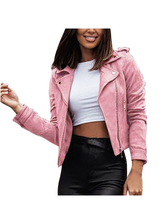 Women's Faux Suede Faux Leather Moto Jacket Slim Cropped Zipper Motorcycle Coat Long Sleeve Cardigan Short Outwear