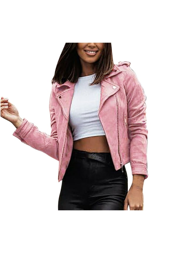 Women's Faux Suede Faux Leather Moto Jacket Slim Cropped Zipper Motorcycle Coat Long Sleeve Cardigan Short Outwear