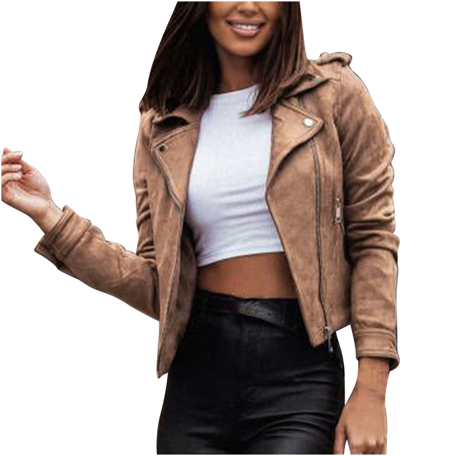 Women's Faux Suede Faux Leather Moto Jacket Slim Cropped Zipper Motorcycle  Coat Long Sleeve Cardigan Short Outwear
