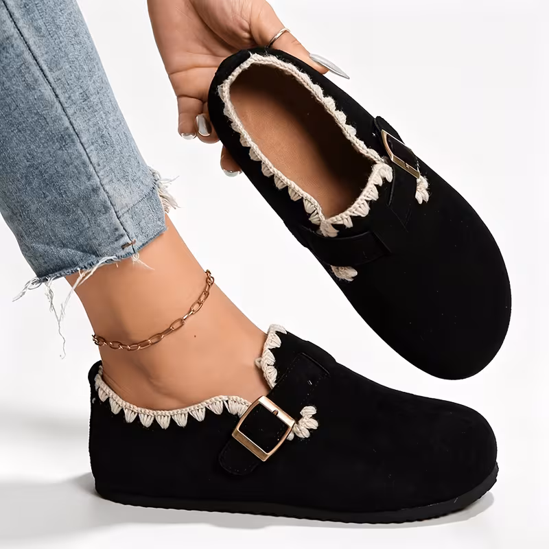 Women's Faux Suede Fleece Lined Flat Loafers, Lace Trim Buckle Casual Winter Slip On Shoes