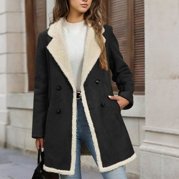 Women's Faux Suede Fleece Lined Jacket Double Breasted Pea Coat Fall Winter Warm Overcoats with Pockets New Oversized Jacket for Women Black S