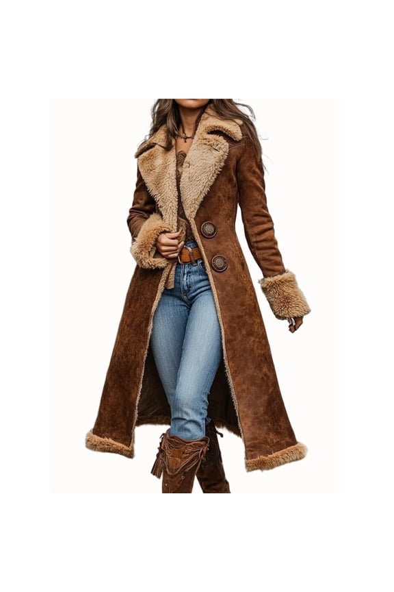 Women's Faux Suede Fleece Lined Midi Long Jacket Fleece Lapel Winter Trench Coat Brown L