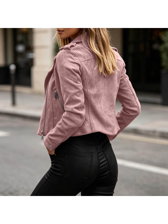 Women's Suede Short Jacket Vintage Zip Up Lapel Collar Casual Biker Bomber Jackets Casual Outerwear (Pink,S)