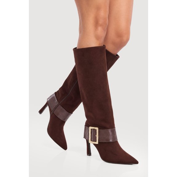 Women's Faux Suede Fold Over Stiletto Boots with Buckle Detail