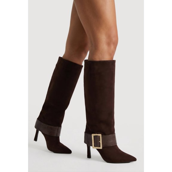 Women's Faux Suede Fold Over Stiletto Boots with Buckle Detail