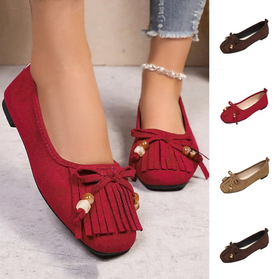 Women's Faux Suede Fringe Bow Flats, Plus Size Comfortable Slip On Casual Loafers
