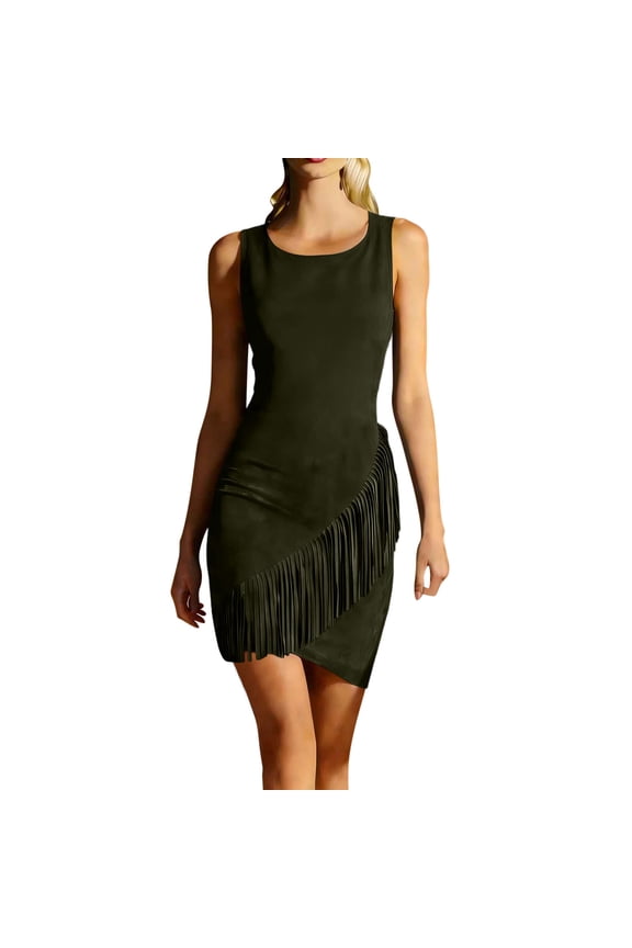 Women's Faux Suede Fringe Cowgirl Western Mini Dress Sleeveless Solid Color Bodycon Country Concert Army Green