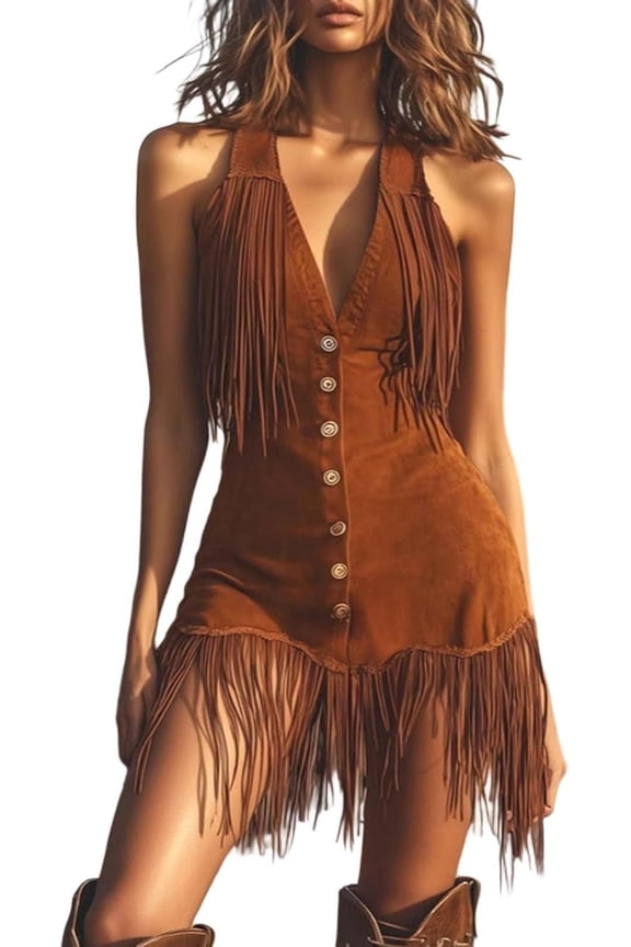 Women’s Faux Suede Fringe Dress, Vintage V Neck Sleeveless Western Cowgirl Mini Tassel Dress