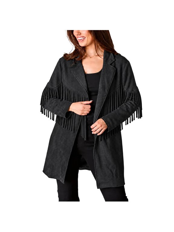 Women's Faux Suede Fringe Jacket Blazer Notched Lapel Open Front Long Sleeve Western Cowgirl Boho Casual Fall Winter Coat Cardigan Vintage 90s Black