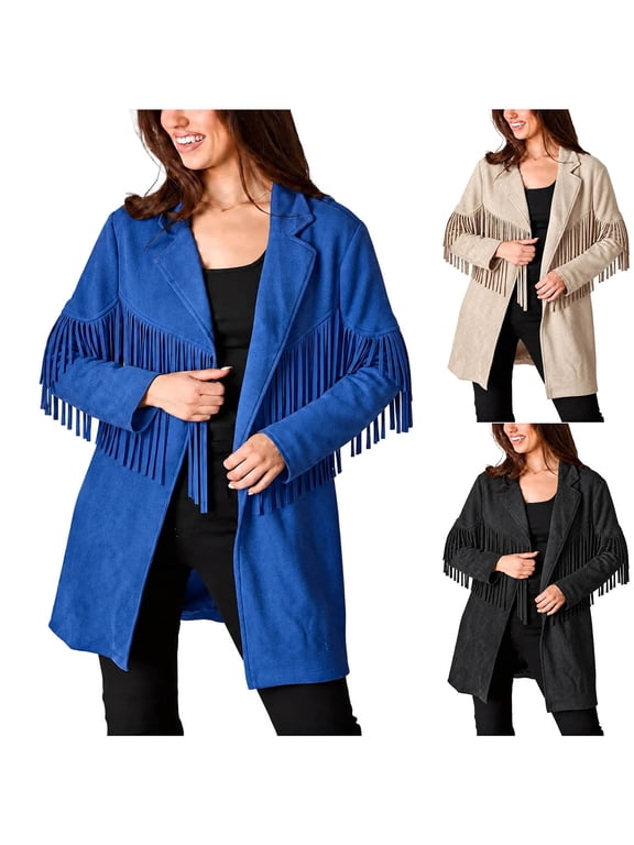 Women's Faux Suede Fringe Jacket Blazer Notched Lapel Open Front Long Sleeve Western Cowgirl Boho Casual Fall Winter Coat Cardigan Vintage 90s Khaki