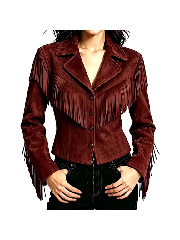 Women's Faux Suede Fringe Jacket Long Sleeve Western Cropped Button Down Tassel Motorcycle Vintage Coat, L