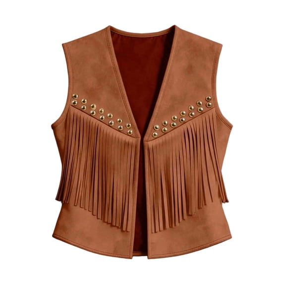 Women's Faux Suede Fringe Vest Rivet Open Front Sleeveless Western Crop Jacket Coffee-A L(L)