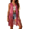 thumbnail image 1 of Women's Faux Suede Fringe Vest Sleeveless Open Front Long Tassel Trim Waistcoat Boho Cowgirl Western Summer Beach Festival Party Gilet Outerwear Hot Pink, 1 of 6