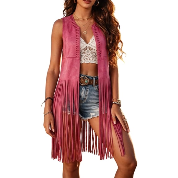 Women's Faux Suede Fringe Vest Sleeveless Open Front Long Tassel Trim Waistcoat Boho Cowgirl Western Summer Beach Festival Party Gilet Outerwear Hot Pink