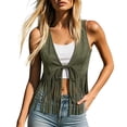 thumbnail image 1 of Women's Faux Suede Fringe Vest Tie Front V Neck Sleeveless Cropped Tassel Trim Boho Western Cowgirl Style Summer Festival Concert Outwear Army Green, 1 of 7