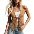 thumbnail image 1 of Women's Faux Suede Fringe Vest Tie Front V Neck Sleeveless Cropped Tassel Trim Boho Western Cowgirl Style Summer Festival Concert Outwear Brown, 1 of 3