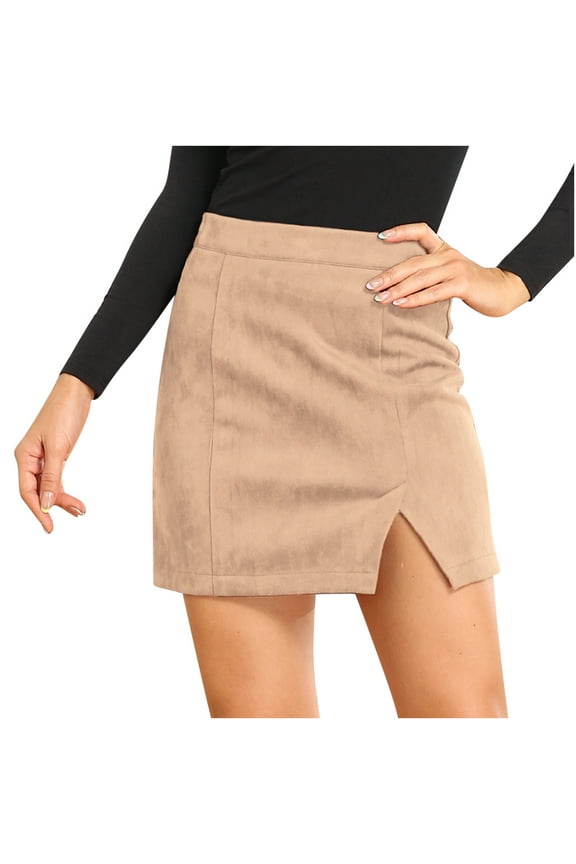 Women's Faux Suede High Waist Mini Short Skirt Zipper Side Split Stretchy A-Line Bodycon Skirts 2025 Fall Winter