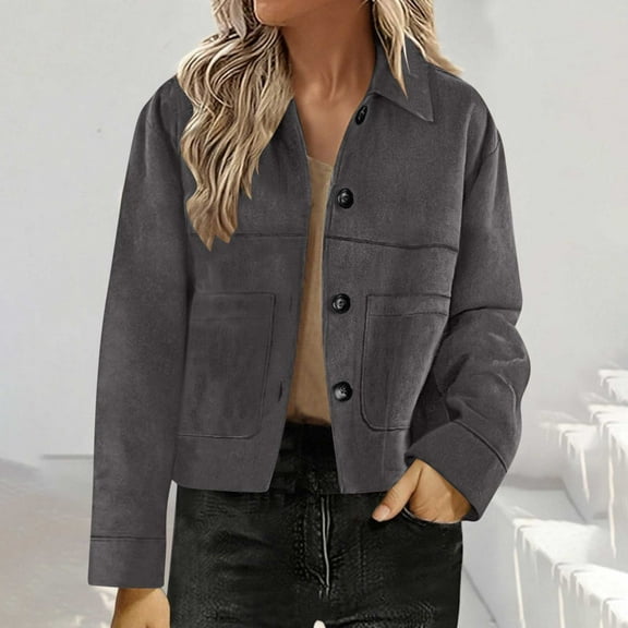Women's Faux Suede Jacket Bomber Style Cropped Lapel Collar Button Down Jackets Fall Winter Fashion Trendy Streetwear Casual Outwear,Dark Gray,XL