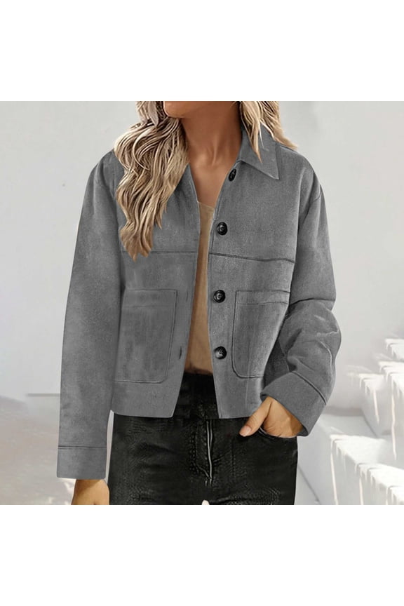 Women's Faux Suede Jacket Bomber Style Cropped Lapel Collar Button Down Jackets Fall Winter Fashion Trendy Streetwear Casual Outwear,Gray,XXL