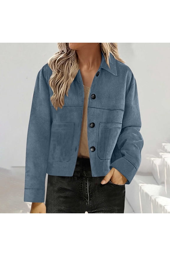 Women's Faux Suede Jacket Bomber Style Cropped Lapel Collar Button Down Jackets Fall Winter Fashion Trendy Streetwear Casual Outwear,Light Blue,M