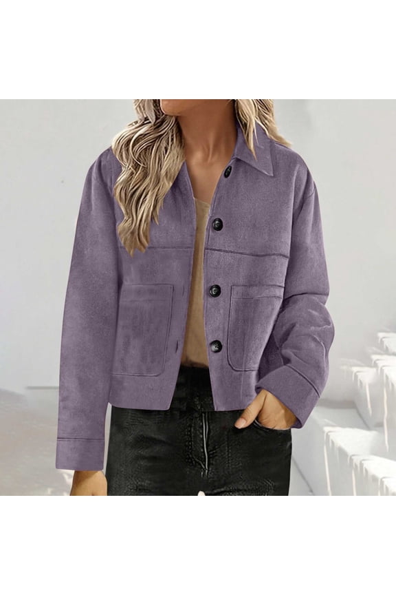 Women's Faux Suede Jacket Bomber Style Cropped Lapel Collar Button Down Jackets Fall Winter Fashion Trendy Streetwear Casual Outwear,Purple,S
