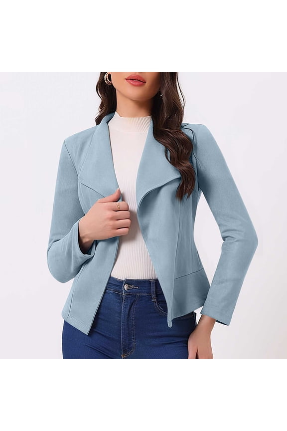 Women's Faux Suede Jacket Cropped Lapel Collar Long Sleeve Soft Comfort Cardigan Fall Slim Fit Style Office Work Casual Daily Wear,Blue,M