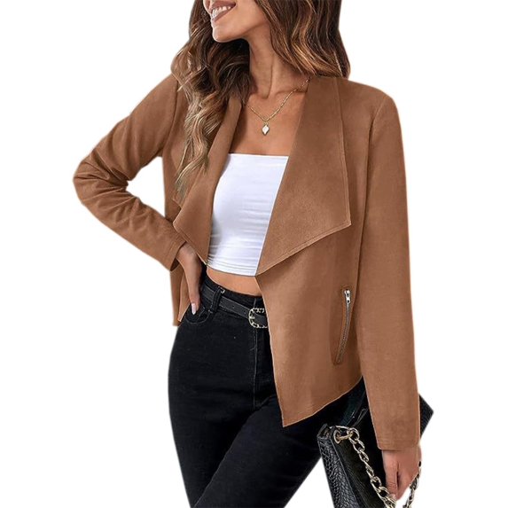 Women's Faux Suede Jacket Fashion Autumn Long Sleeve Front Opening Cropped Coat