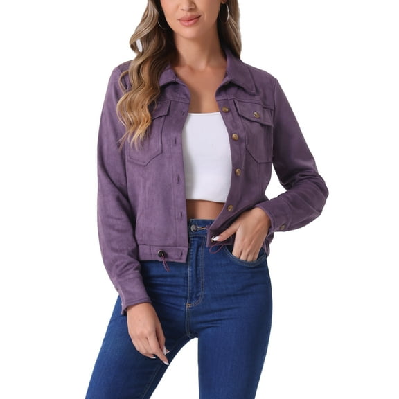 INSPIRE CHIC Women's Faux Suede Jacket Point Collar Button Down Cropped Sanded Moto Biker Coat L Purple