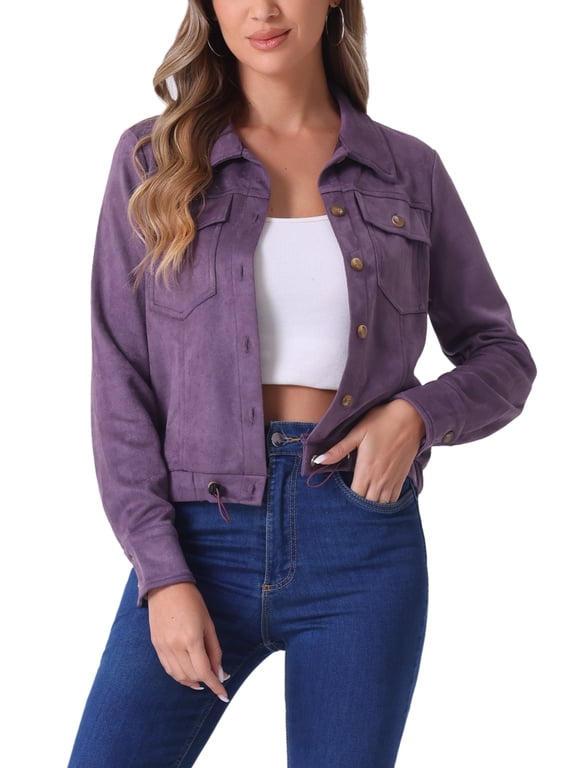 Women's Faux Suede Jacket Button Down Collar Cropped Biker Motorcycle Jacket Fall Winter Coat S Purple