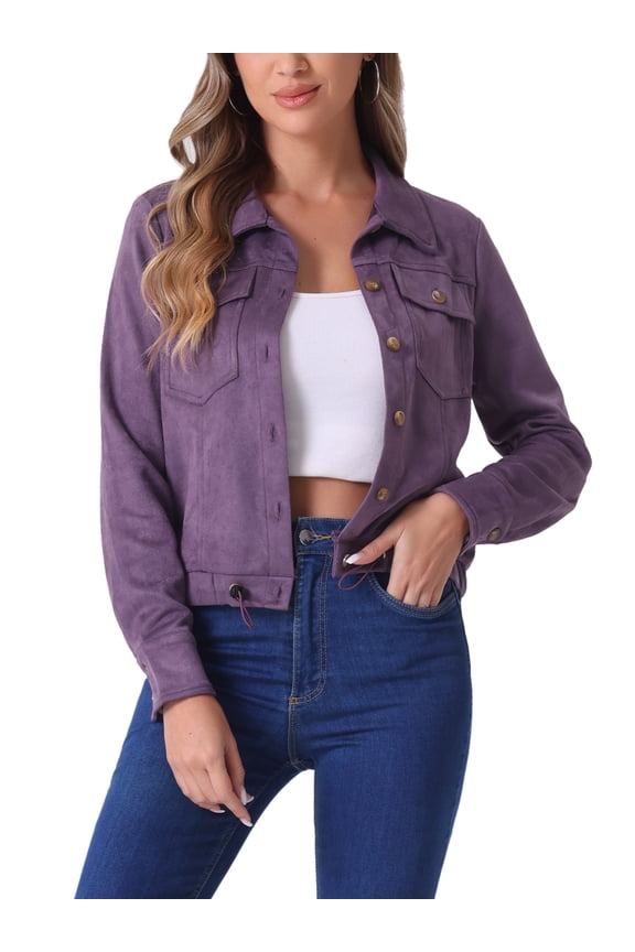 Women's Faux Suede Jacket Button Down Collar Cropped Biker Motorcycle Jacket Fall Winter Coat S Purple