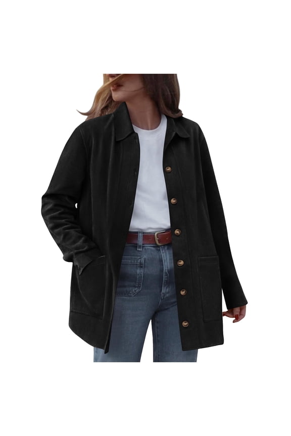 Women's Faux Suede Jacket Shirt Style Shacket Buttons Down Collar Jacket Long Sleeve Vintage Casual Daily Outerwear for Fall Winter,Black,XXL