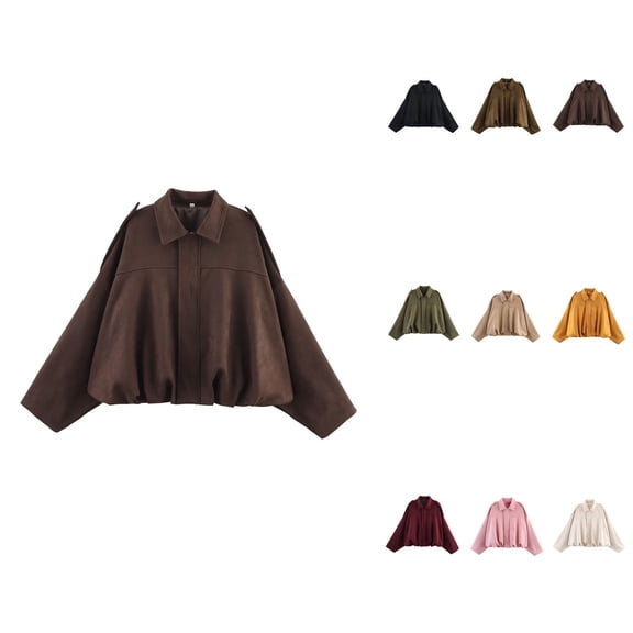 Women's Suede Jacket, Spring Lapel Pilot Coat, Casual Oversized Long Sleeves, Trendy Streetwear Outerwear