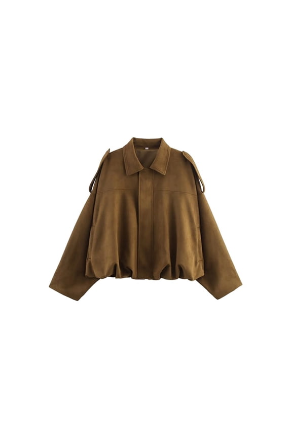 Women's Faux Suede Jacket with Pocket Lapel Pilot Coat Casual Oversized Long Sleeves Trendy Streetwear Brown M
