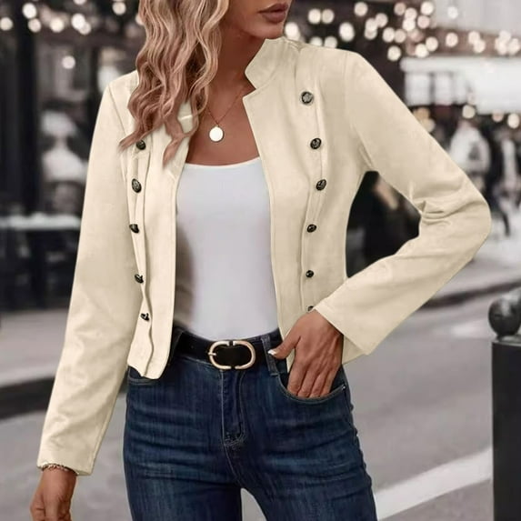 Women's Faux Suede Jackets Cropped Blazer 2025 Fall Casual Business Long Sleeve Coat Beige XL