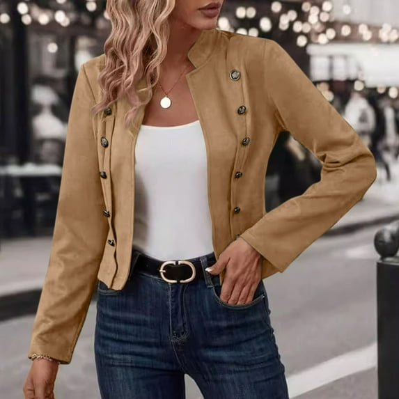 Women's Faux Suede Jackets Cropped Blazer 2025 Fall Casual Business Long Sleeve Coat Light Brown S
