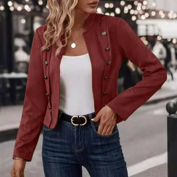Women's Faux Suede Jackets Cropped Blazer 2025 Fall Casual Business Long Sleeve Coat Red M